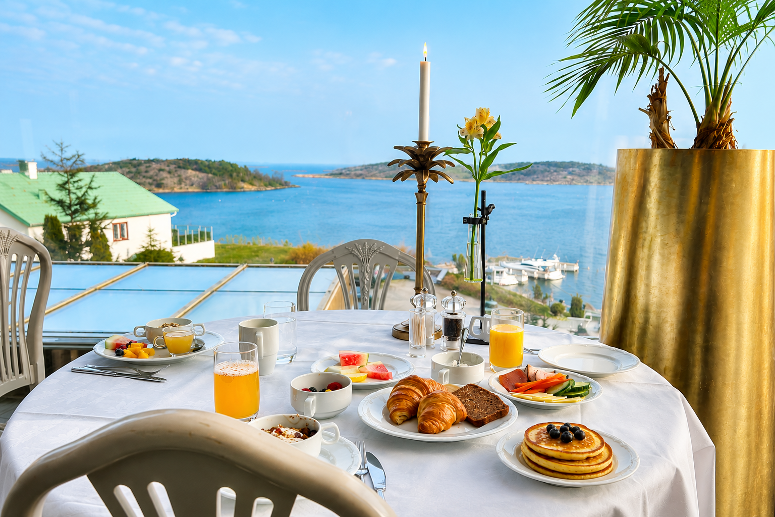 Dukat frukostbord med croissanter, pannkakor och juice framför havsutsikten på Säröhus