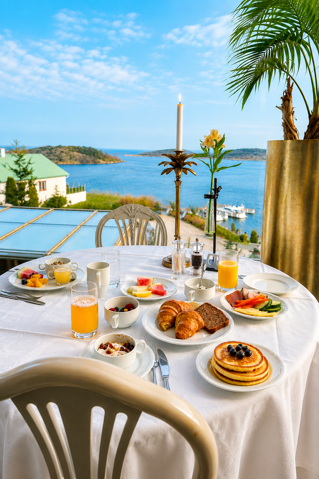 Frukostbord med pannkakor, croissanter och kaffe med utsikt mot havet